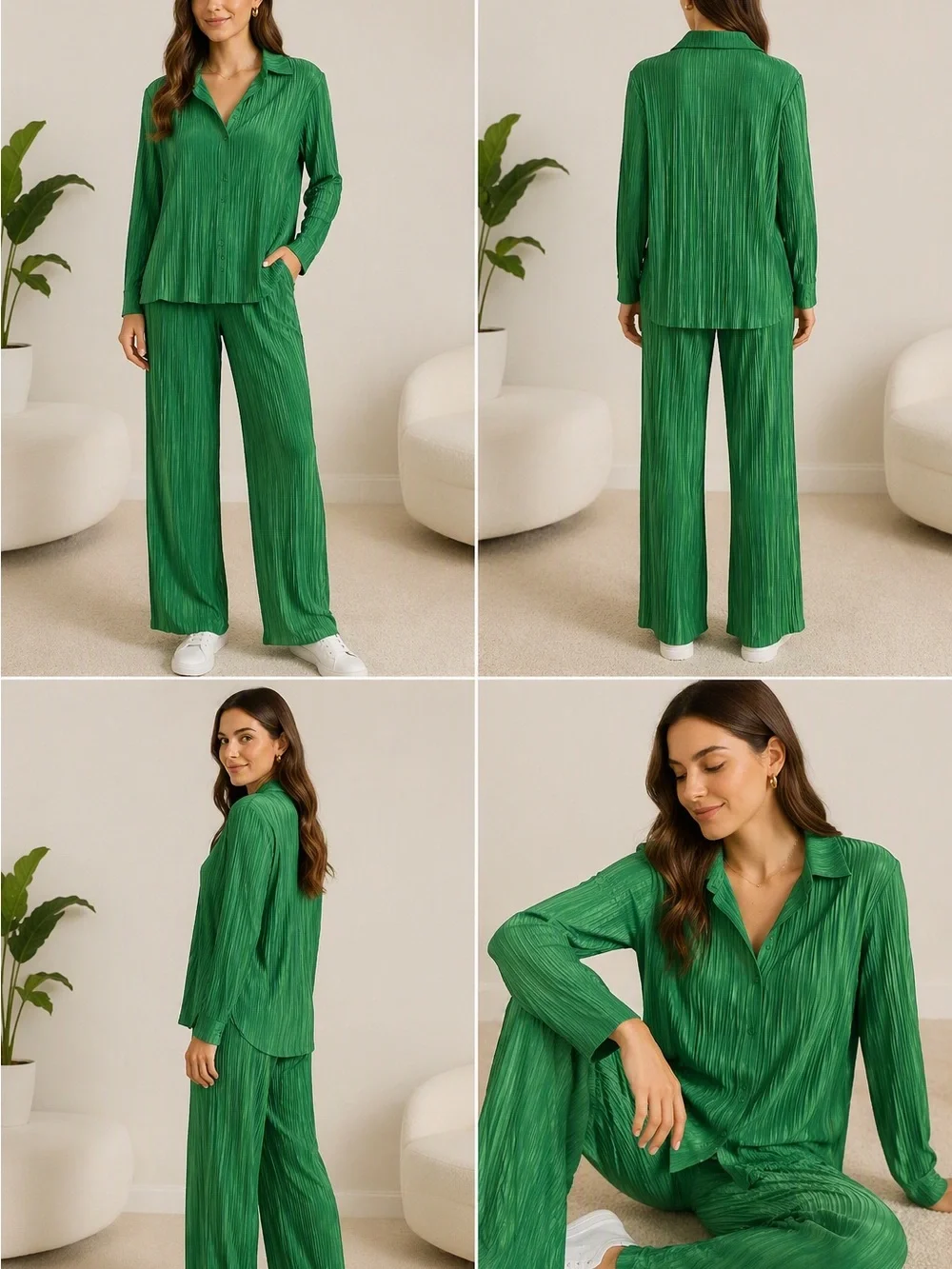 Green Pleated Matching Set Size Medium Button Up & Pants Flowy Lounge Set